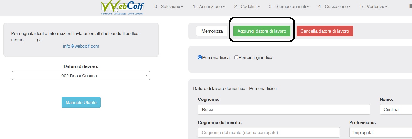 Aggiungi un nuovo datore di lavoro per colf e badanti