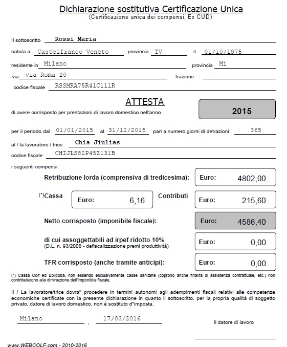 Dichiarazione sostitutiva cu webcolf Certificazione redditi