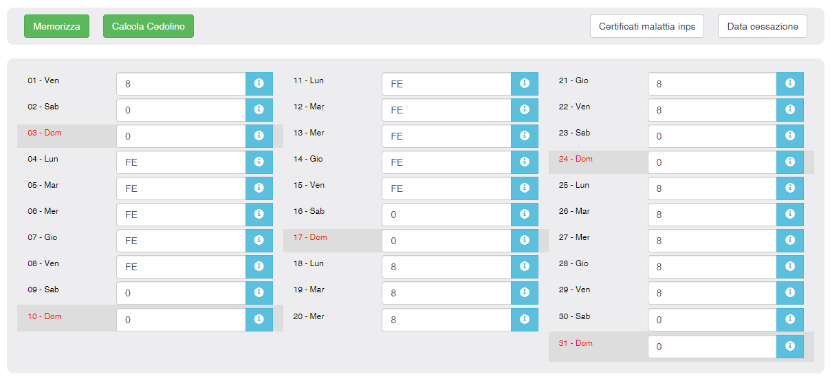 Inserimento ferie calendario