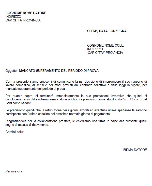 Lettera licenziamento da parte del dipendente