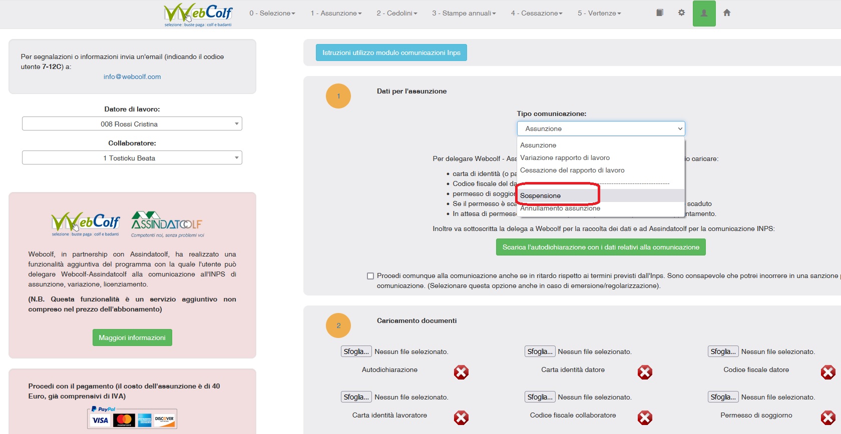 sospensione contributi colf badanti delega Webcolf